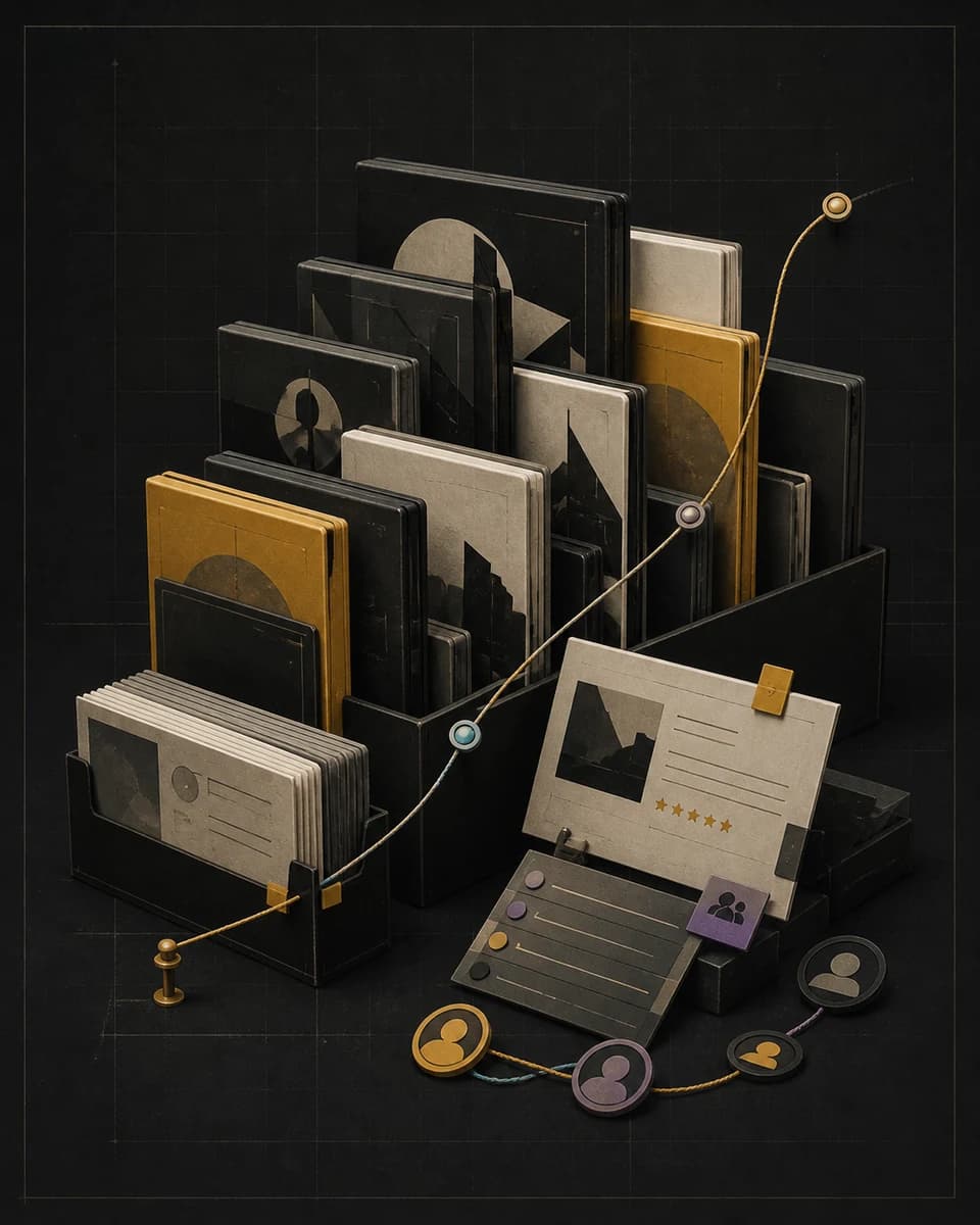 An archival collection of game cases, review cards, lists, and connected timeline markers.